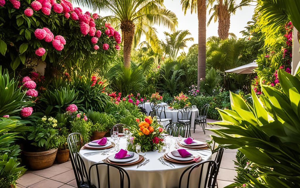 Lush palms and vibrant peonies at a summer event